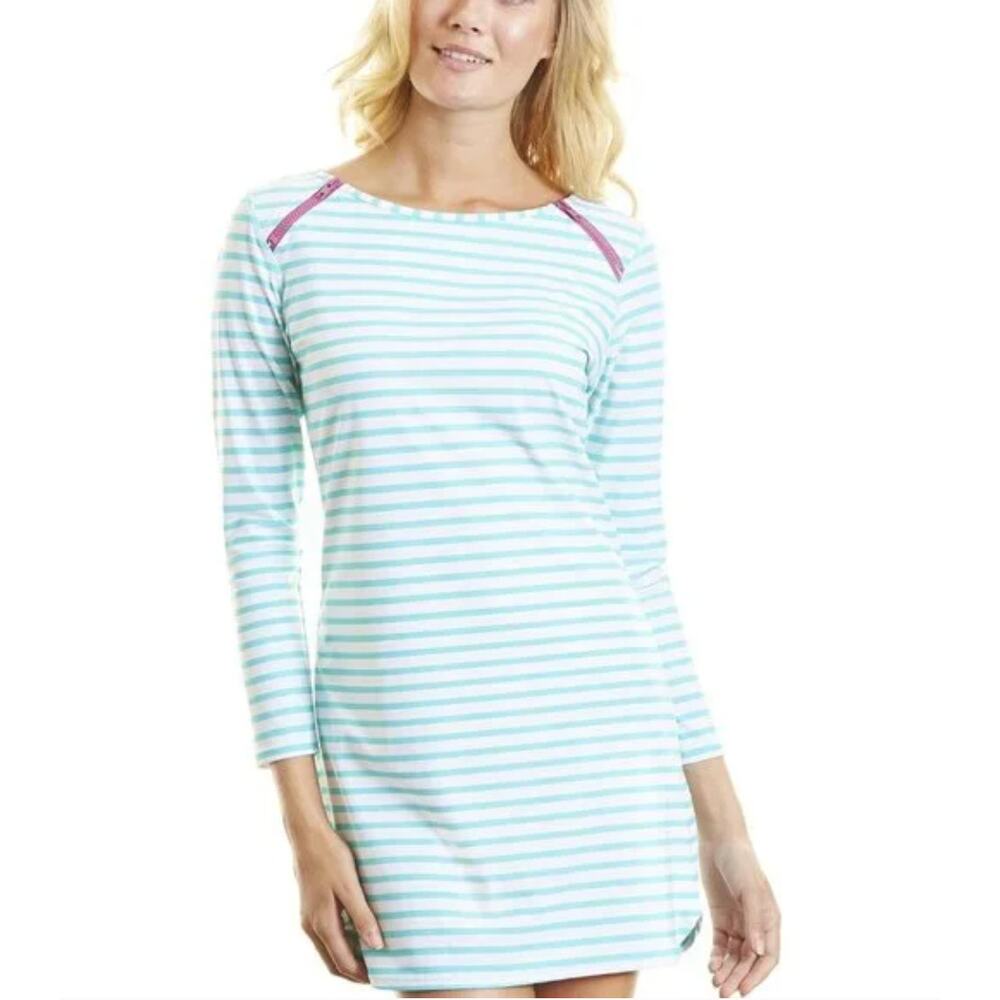 Cabana Life Shift Dress UPF 50+ Green Stripe Zipper Cover Up Size Small - Picture 6 of 6